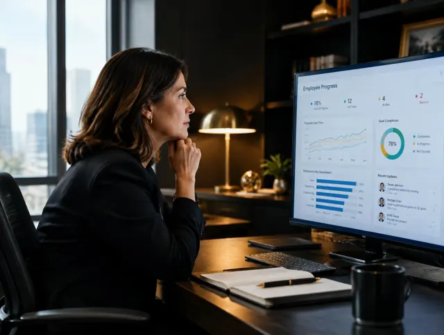 HR lead reviewing progress on a monitor