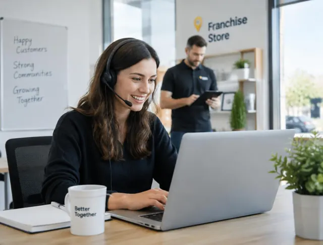 Customer service employee with headset at a laptop