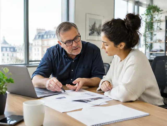 Experienced colleague explaining documents to a new employee at a desk