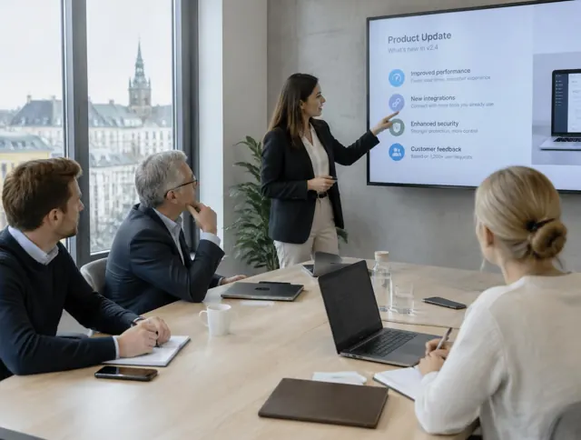 Sales team receiving a product update in a meeting room